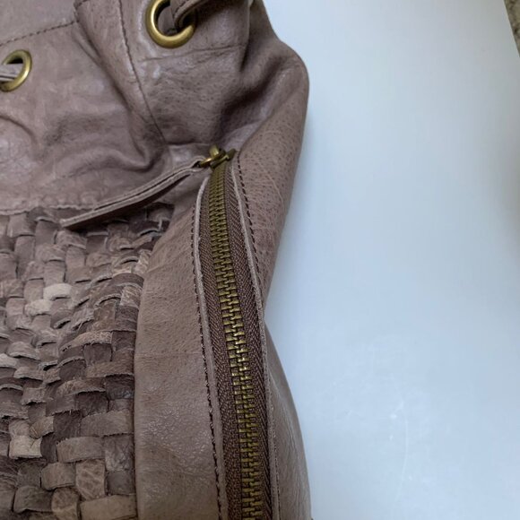 Margot Large Taupe Leather Woven Paneled Backpack - Picture 4 of 12